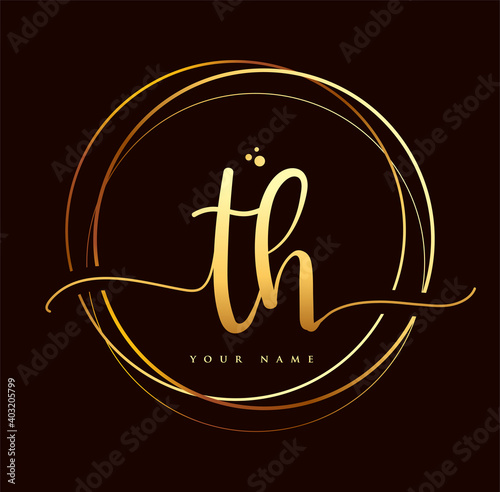 TH Initial handwriting logo golden color. Hand lettering Initials logo branding, Feminine and luxury logo design isolated on black background.