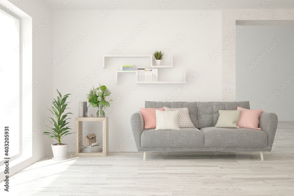 White living room with sofa. Scandinavian interior design. 3D illustration