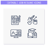 Job resume line icons set. CV letter document. Education, skills, experience and more. Career biography. Job search, employment, career growth concept. Isolated vector illustrations. Editable stroke 