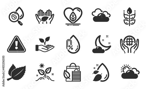 Night weather  Organic tested and Helping hand icons simple set. Bio shopping  Gluten free and Fair trade signs. Sunny weather  Grow plant and Mint leaves symbols. Flat icons set. Vector