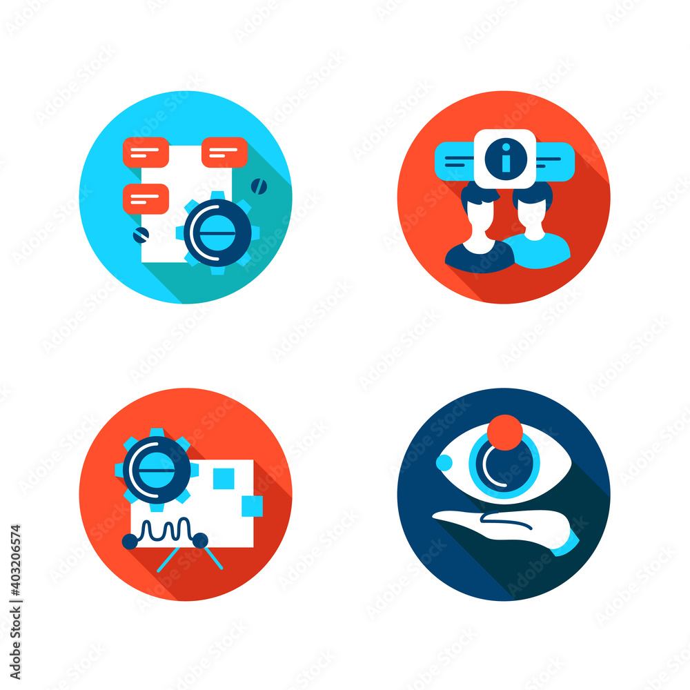Creative process flat icons set. Sign collection for design and development process stages, from idea to final product. Color vector illustrations with shadow for project management Creative process flat icons set. Sign collection for design and development process stages, from idea to final product. Color vector illustrations with shadow for project management