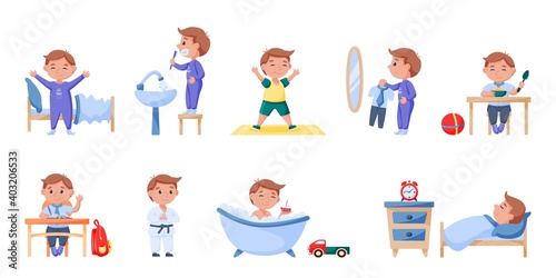 Schoolchild daily life routine, everyday schedule and rest. Boy doing morning hygiene and physical activity, studying at school and additional sport lesson vector illustration isolated on white