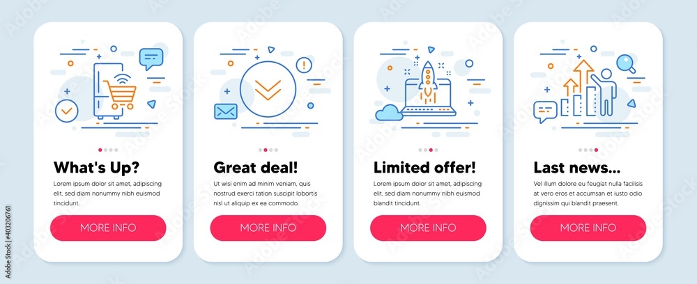 Set of Technology icons, such as Start business, Refrigerator, Scroll down symbols. Mobile app mockup banners. Employee results line icons. Launch idea, Fridge shopping, Swipe arrow. Chart. Vector