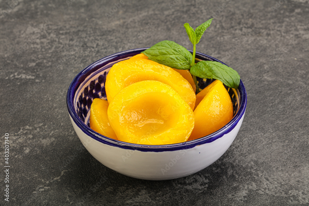 Sweet ripe canned peaches with mint Sweet ripe canned peaches with mint