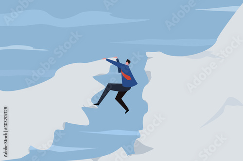 Conceptual illustration of a business executive hanging on a cliff edge