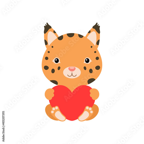 Cute funny lynx with heart on white background. Cartoon animal character for congratulation with St. Valentine day, greeting card, invitation, wall decor, sticker. Colorful vector stock illustration.