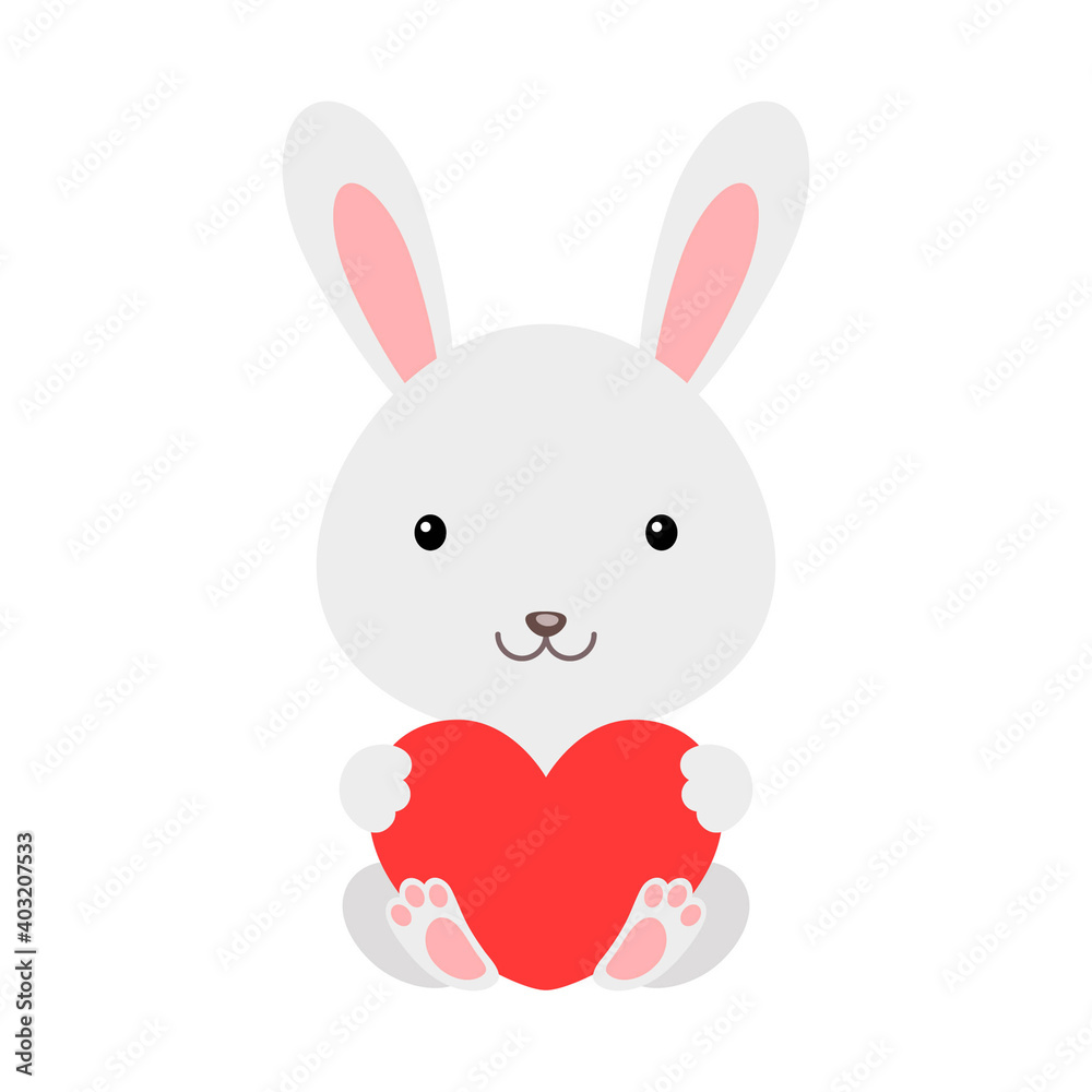 Cute funny rabbit with heart on white background. Cartoon animal character for congratulation with St. Valentine day, greeting card, invitation, wall decor, sticker. Colorful vector illustration. Cute funny rabbit with heart on white background. Cartoon animal character for congratulation with St. Valentine day, greeting card, invitation, wall decor, sticker. Colorful vector illustration.