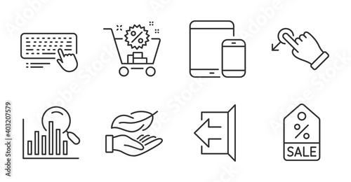 Shopping cart, Mobile devices and Search line icons set. Drag drop, Computer keyboard and Sale coupon signs. Lightweight, Sign out symbols. Discount, Smartphone with tablet, Analytics. Vector