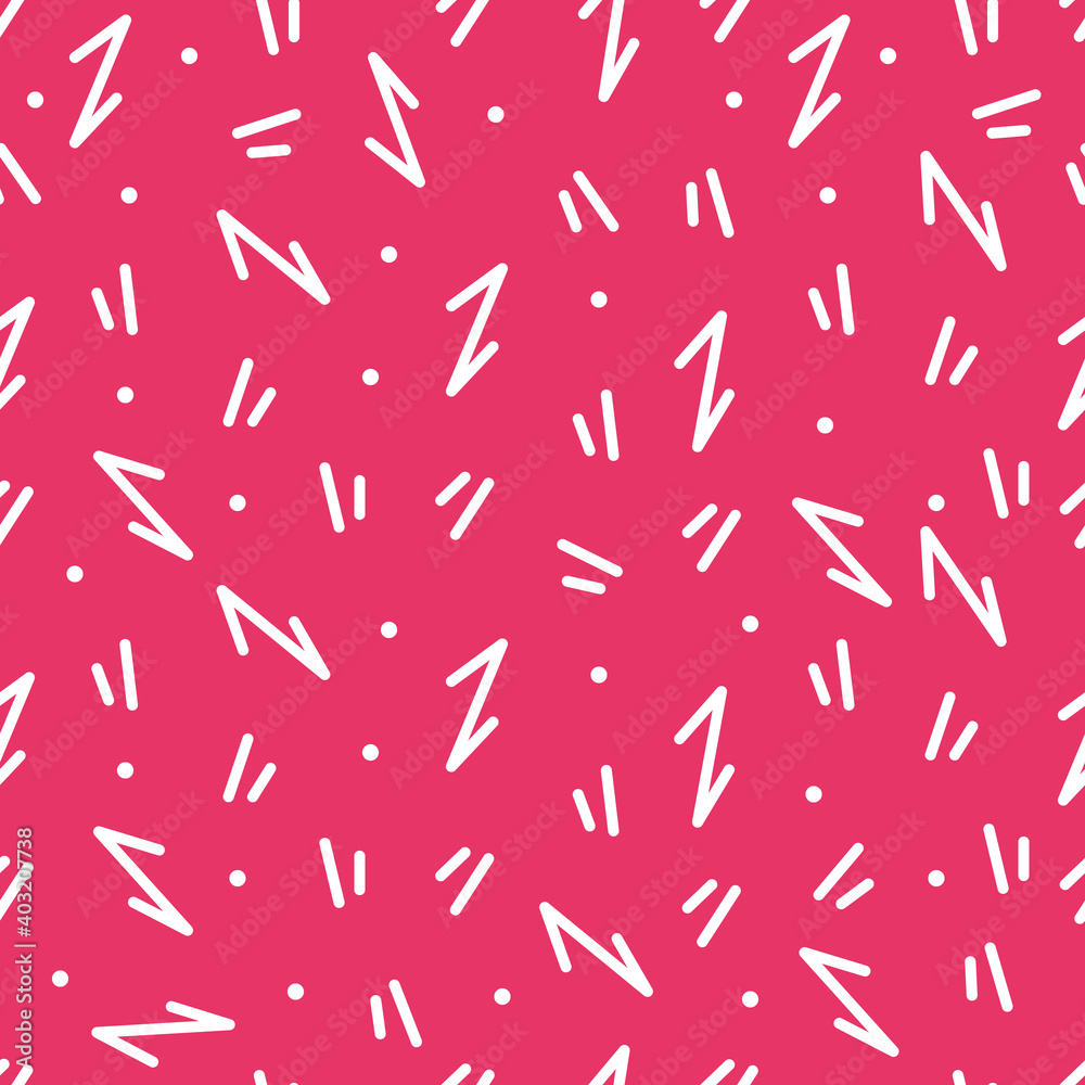 Abstract seamless pattern. White symbols, dots and lines on pink vector wallpaper background. Stylish wrapping and scrapbooking template. Bright fabric print Abstract seamless pattern. White symbols, dots and lines on pink vector wallpaper background. Stylish wrapping and scrapbooking template. Bright fabric print