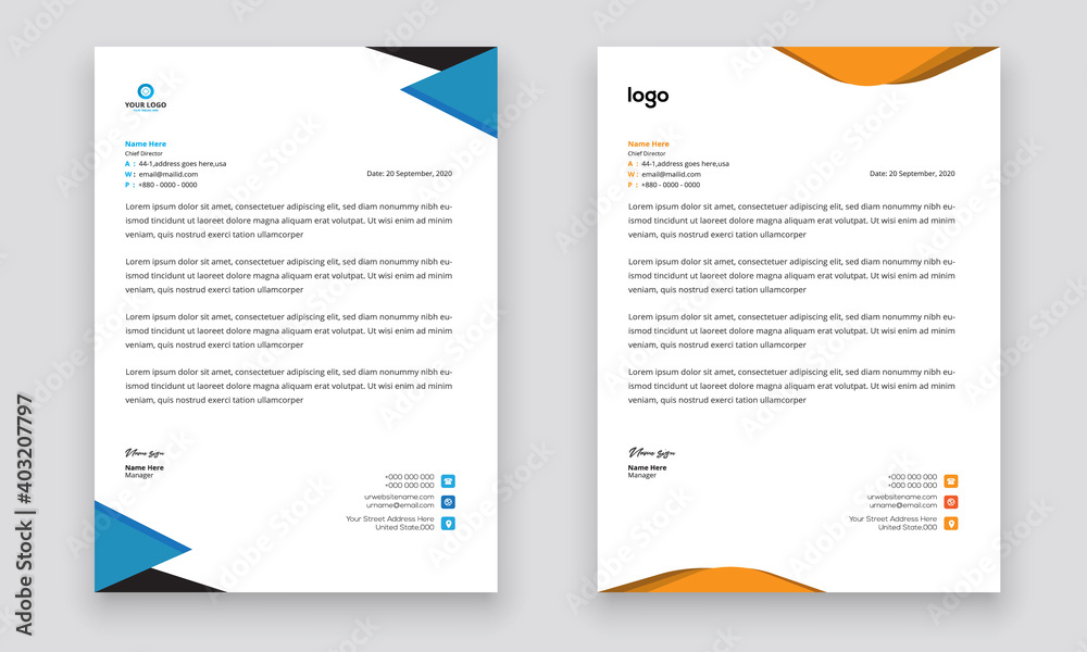 Business style letterhead template design for project with standard sizes.