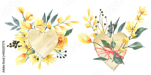 watercolor clipart for valentine s day  for wedding decor and greeting cards. Yellow flowers  branches and berries. Composition with envelope  craft heart 