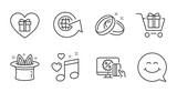 Romantic gift, Smile face and Love music line icons set. Hat-trick, Online shopping and Wedding rings signs. World globe, Shopping cart symbols. Surprise with love, Chat, Musical note. Vector