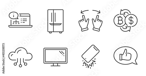 Refrigerator, Feedback and Online documentation line icons set. Cloud computing, Monitor and Bitcoin exchange signs. Smartphone broken, Move gesture symbols. Quality line icons. Vector