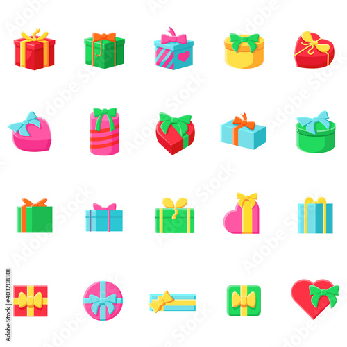 Presents flat icons set. Different shapes gift boxes collection. Holiday congratulation, surprise concept. Christmas, new year, birthday celebration. Color vector illustrations
