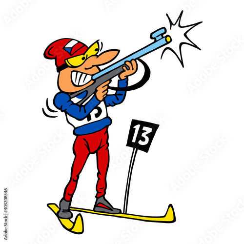 Biathlon racer shoots in the air and does not hit the target color cartoon