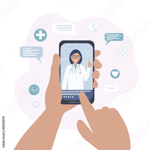 The doctor on the cell phone screen talks online with the patient. Video communication and messages. Medical consultations, exams, treatment, services, health care, conferences online.