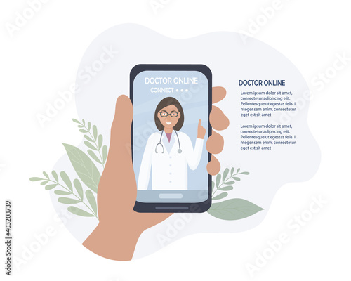 The doctor on the cell phone screen talks online with the patient. Video communication and messages. Medical consultations, exams, treatment, services, health care, conferences online.