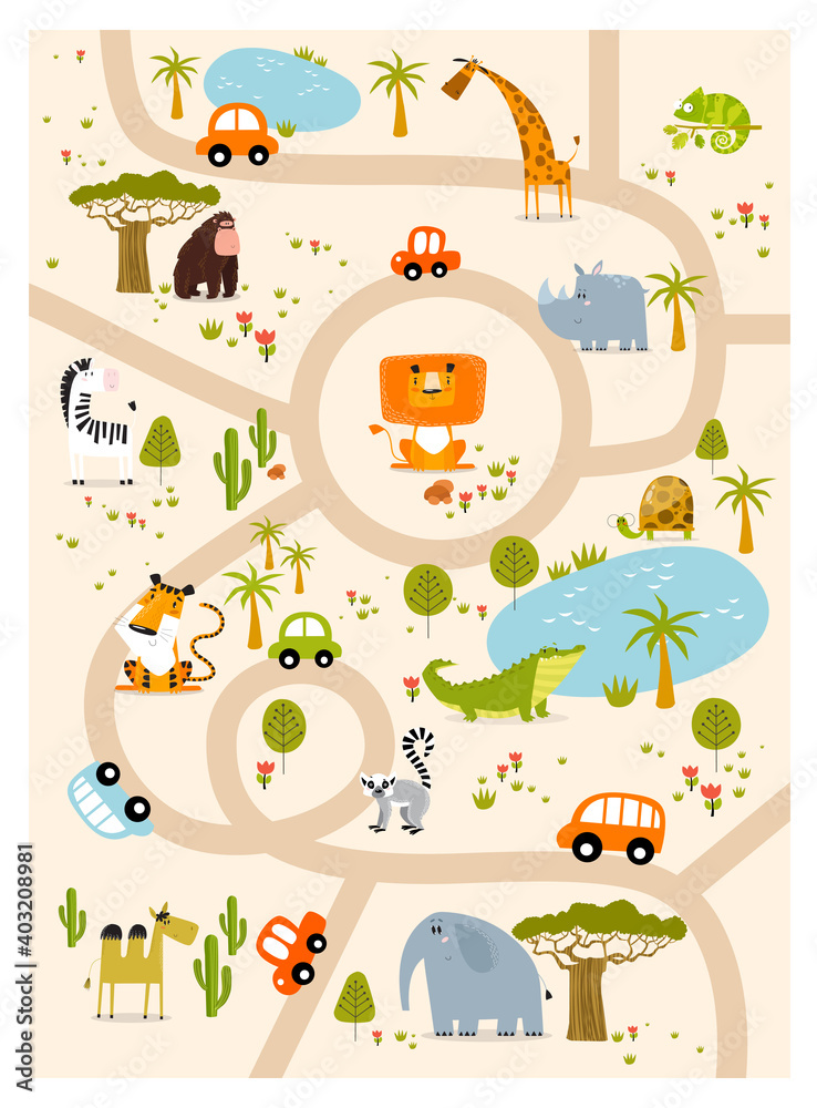 Print. Tropical maze with animals in safari park. Cartoon tropical animals. African animals. Road in a safari park. Game for children. Children's play mat.
