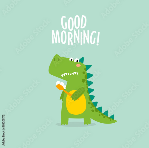 Print. Dinosaur brushes teeth. Cartoon dinosaur, teeth  care.
