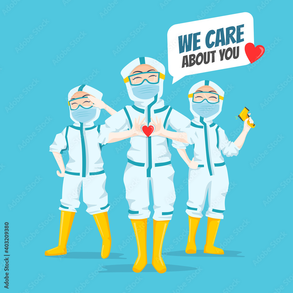 Three Expressive Nurses character Illustration wearing ppe hazmat suit  showing love and care about covid19 patient