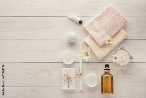 spa accessories on a white wooden table