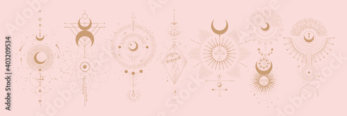 Vector illustration set of moon phases. Different stages of moonlight activity in vintage engraving style. Zodiac Signs