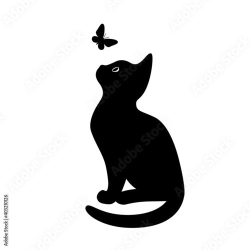A kitten sits and looks at a flying butterfly. Black silhouette of a cat isolated on white background. The symbol of Halloween. Can be used as a sticker template, logo element, icon for web design.