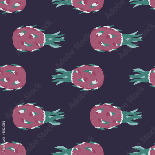 Dark tropical fruit seamless pattern with pitahaya ornament in pink pale color. Navy blue background.