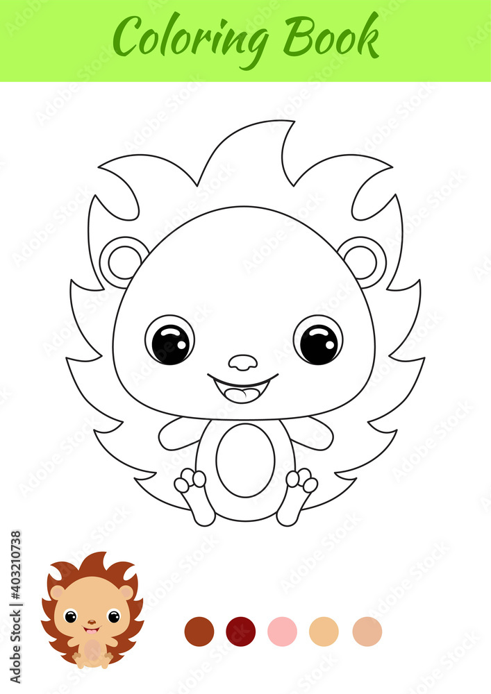 Coloring book little baby hedgehog sitting. Coloring page for kids. Educational activity for preschool years kids and toddlers with cute animal. Black and white vector stock illustration.