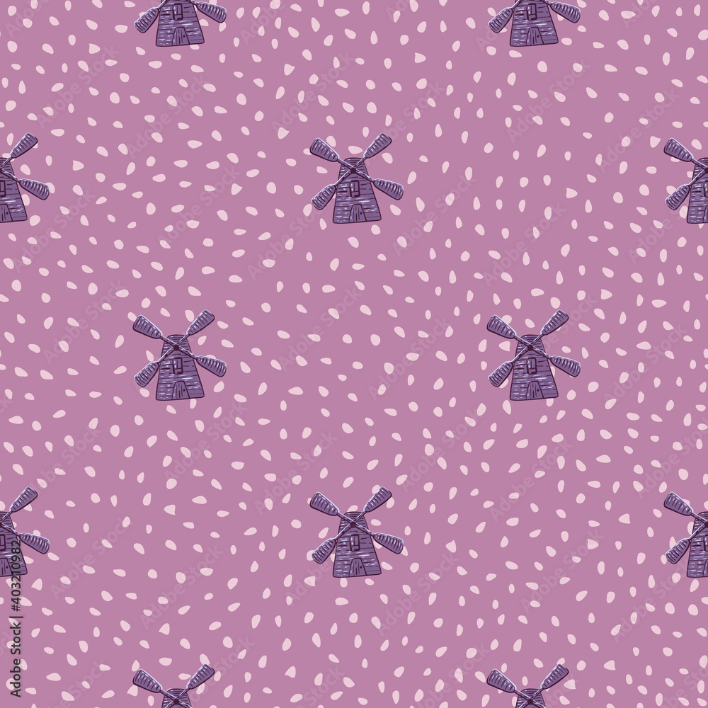 Little windmill seamless agriculture pattern in doodle style. Lilac dotted print. Farm backdrop.
