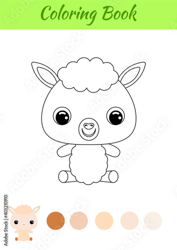 Coloring book little baby alpaca sitting. Coloring page for kids. Educational activity for preschool years kids and toddlers with cute animal. Black and white vector stock illustration.