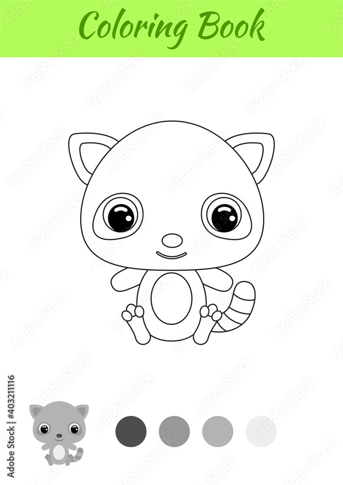Fototapeta premium Coloring book little baby raccoon sitting. Coloring page for kids. Educational activity for preschool years kids and toddlers with cute animal. Black and white vector stock illustration.