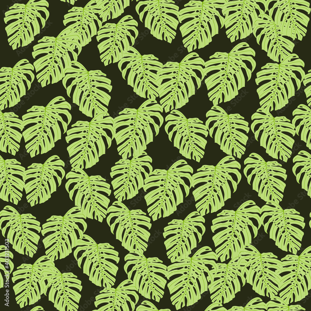 Hand drawn seamless doodle pattern with green light leaves little random ornament. Dark background.