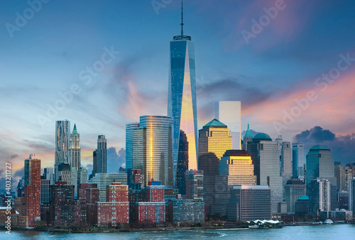 New York City Manhattan skyline at sunset