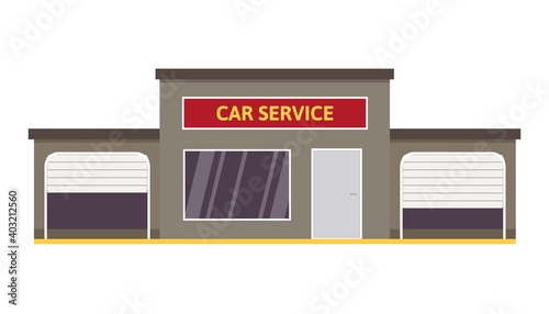Car service and repair building with two opened gray garages. automechanic workshop with red sign. Vector illustration isolated on white.