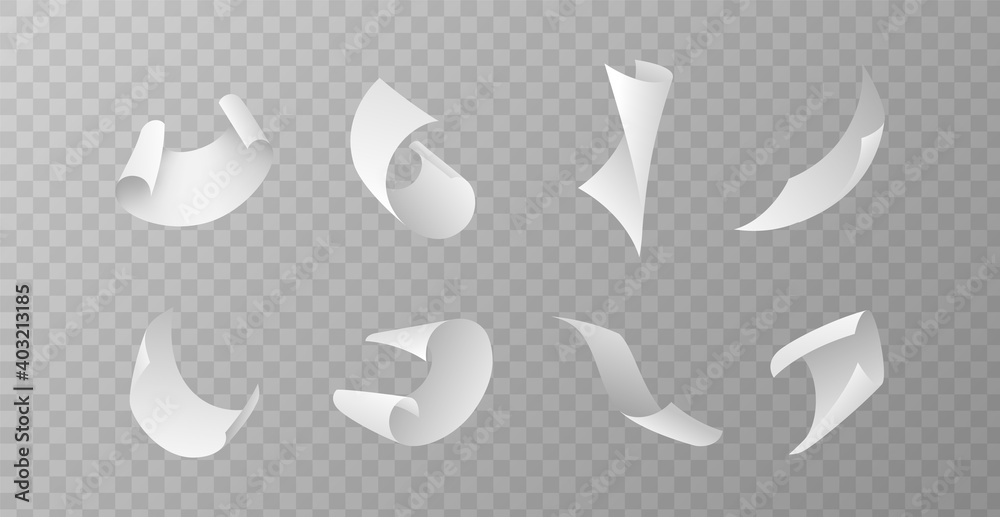 Flying papers set. Blank white paper sheet falling down, scattered ...