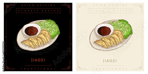 Jiaozi Chinese traditional dumpling on plate with sauce