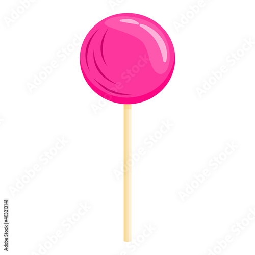 A cartoon-style pink lollipop is isolated on a white background. Vector illustration with a sweet gift for children. Delicious candy