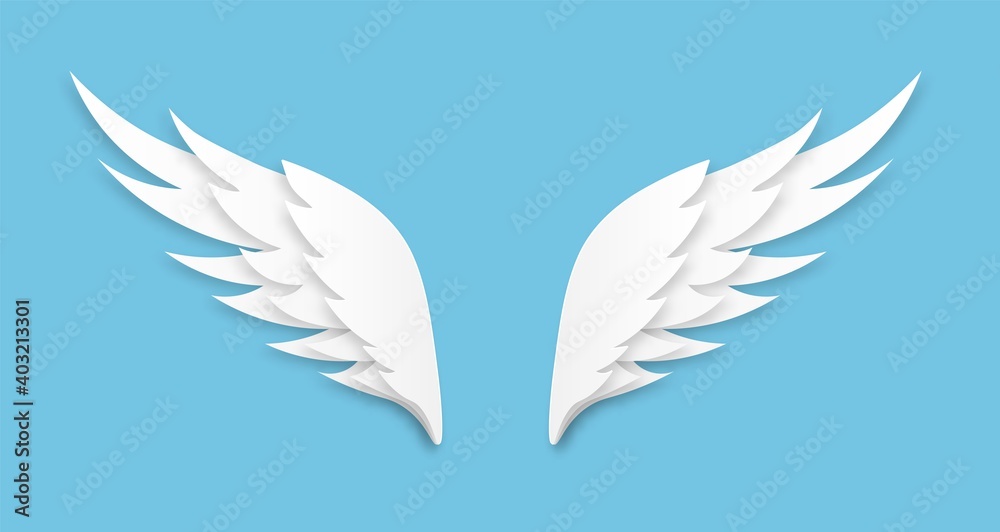 Origami wings. White paper cut angel logo, flying feathers decoration of heaven bird, layered papercut shape, freedom symbol, heraldic vector isolated on blue background emblem Origami wings. White paper cut angel logo, flying feathers decoration of heaven bird, layered papercut shape, freedom symbol, heraldic vector isolated on blue background emblem