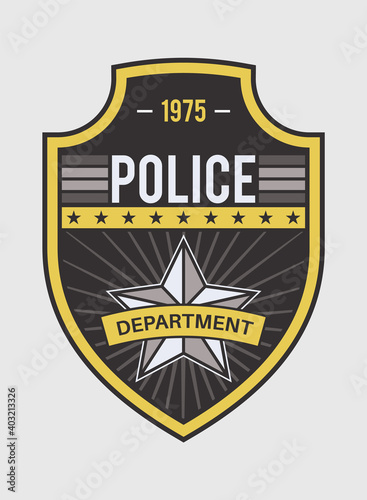 Police medallion. Security and federal agent back identity badge with star shape. Sheriff, marshal and detective officer clothes label, military uniform insignia vector illustration
