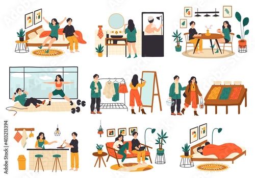 Couple daily life routine. Family everyday activities colorful scenes, man and woman joint pastime, leisure and household chores. Cooking, shopping and sleeping vector flat cartoon set