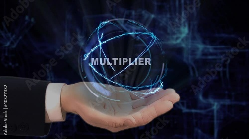 Painted hand shows concept text Multiplier hologram on his hand. Drawn man in business suit with future technology screen and modern cosmic background