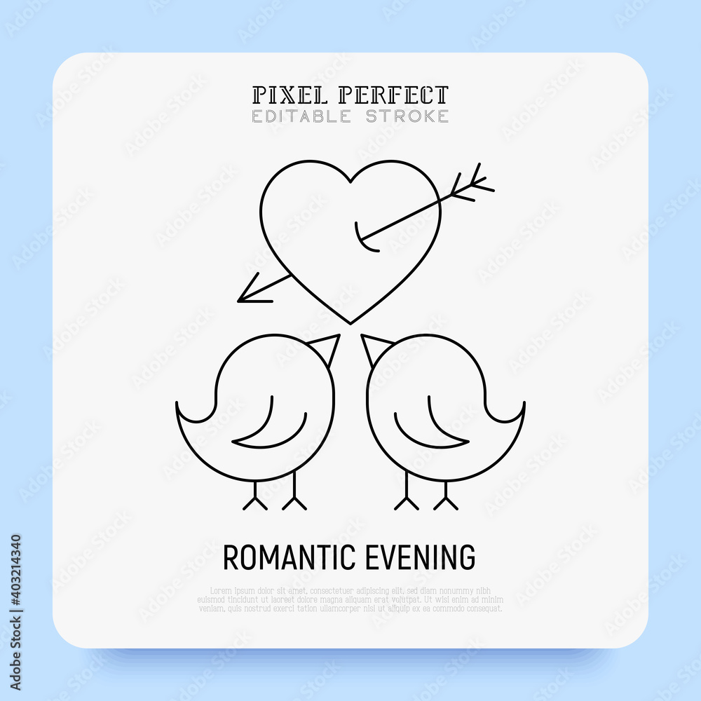 Fototapeta premium Valentine day. Two birds in love super thin line icon. Pixel perfect, editable stroke. Vector illustration for romantic date, wedding.