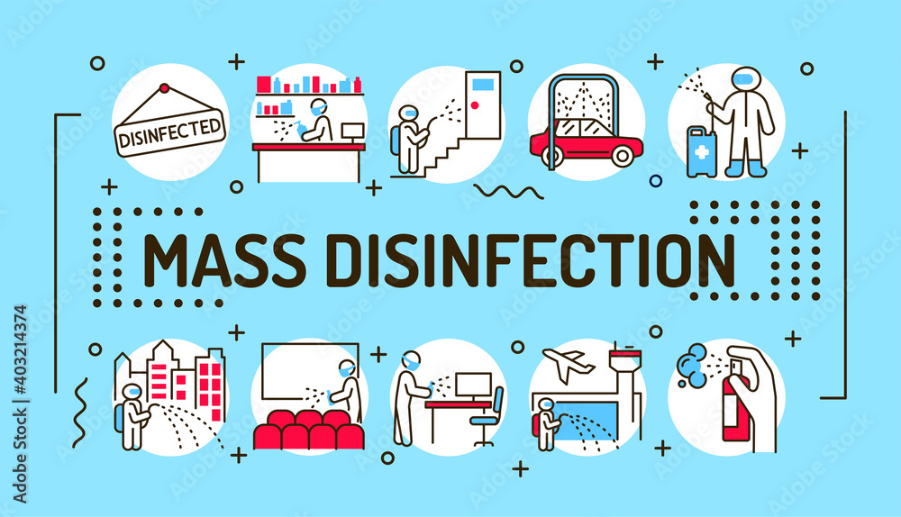 Mass disinfection word lettering typography. Infographics with linear icons on blue background. Creative idea concept. Isolated outline color illustration.