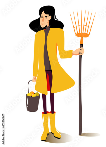 Woman in yellow raincoat with a fan rake and bucket of apples. A gardener with her own harvest. Vector autumn illustration.