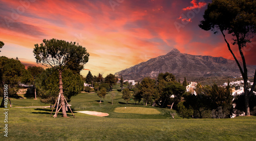 golf course  in Marbella, Spain, at sunset photo