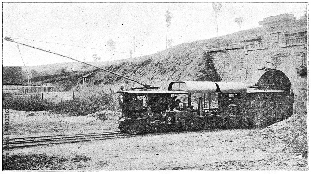 Electric train for entering a coal mine. Illustration of the 19th century. Germany. White background.