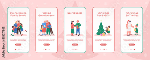 Holiday season onboarding mobile app screen flat vector template. Christmas by sea. Walkthrough website steps with characters. UX, UI, GUI smartphone cartoon interface, case prints set