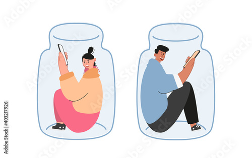 Male and female introverts communicate through social networks. The concept of personal space. Psychology of interaction. Vector illustration of loneliness in the modern world