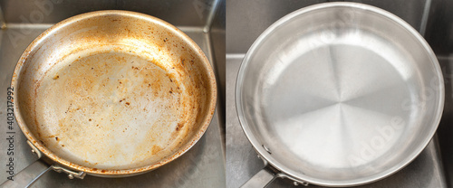 Canvas Print Compare image before and after cleaning the unclean able stained pot from burnt cooking pan